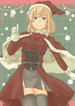 1girl absurdres adapted_costume alternate_costume blonde_hair blue_eyes breasts capelet commentary_request fur-trimmed_capelet fur_trim gloves grey_jacket grey_skirt grey_thighhighs grin hat highres jacket kantai_collection medium_breasts military_uniform pot-de red_capelet red_hat rodney_(kancolle) santa_hat short_hair skirt smile solo thighhighs white_gloves