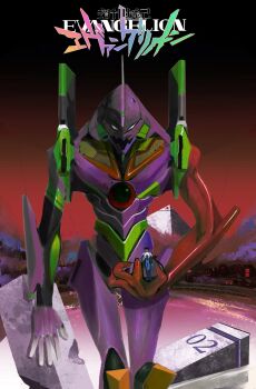 1boy absurdres cityscape eva_01 evangelion_(mecha) highres horns ikari_shinji looking_at_viewer male_focus mecha mecha_pilot_suit neon_genesis_evangelion noarteria outdoors plugsuit_(evangelion) red_sky robot science_fiction single_horn size_difference sky water