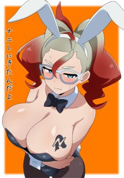 1girl animal_ears black_bow black_bowtie black_pantyhose blue_eyes blush bow bowtie breast_tattoo breasts detached_collar glasses gradient_hair grey_hair griselle_(pokemon) highres large_breasts multicolored_hair nintendo orange_background pantyhose playboy_bunny pokemon pokemon_legends:_z-a rabbit_ears rabbit_tail red_hair sweatdrop tail tattoo tonbi_(enbitonbi) wrist_cuffs