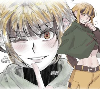 1girl belt black_hair capelet closed_eyes crop_top finger_to_mouth gardenia_(pokemon) green_capelet green_poncho grin hand_on_own_face hand_up highres index_finger_raised long_sleeves looking_at_viewer midriff multicolored_hair navel nintendo one_eye_closed orange_eyes orange_hair orange_shorts pokemon pokemon_dppt poncho shirt shorts smile solo sparkle turtleneck turtleneck_shirt two-tone_hair washing_(psg011204)