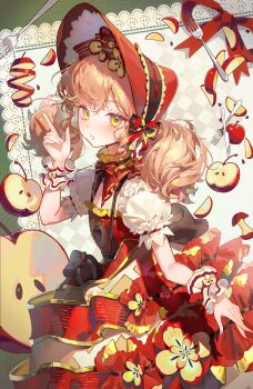 Rule 34 | 1girl, :o, absurdres, apple, apple core, apple hair ornament, apple print, apple slice, black bow, black choker, bonnet, bow, bow choker, bowtie, brown dress, brown hair, bubble skirt, choker, cowboy shot, dot nose, dress, food, food-themed background, food-themed clothes, food-themed hair ornament, food print, fork, frilled choker, frilled dress, frilled shirt, frilled sleeves, frilled wrist cuffs, frills, fruit, fruit print, green background, hair between eyes, hair bow, hair ornament, hair ribbon, hair through headwear, highres, infinity nikki, light blush, long hair, low twintails, mixed-language commentary, napkin, nikki (series), open mouth, pinafore dress, print dress, puffy short sleeves, puffy sleeves, red bonnet, red bow, red bowtie, red dress, red ribbon, ribbon, ribbon-trimmed headwear, ribbon trim, shanwenyufan, shirt, short sleeves, short twintails, skirt, sleeveless, sleeveless dress, solo, standing, striped bow, striped bowtie, striped clothes, striped dress, suspenders, sweet memories (infinity nikki), twintails, two-sided ribbon, two-tone background, two-tone dress, white background, white shirt, white wrist cuffs, wrist cuffs, yellow ribbon