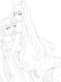 Rule 34 | 2girls, bad id, bad pixiv id, bow, caved (touhou), dress, ex-keine, female focus, fujiwara no mokou, greyscale, hair bow, horn ornament, horn ribbon, horns, kamishirasawa keine, lineart, long hair, mochi.f, monochrome, multiple girls, open mouth, pants, ribbon, saliva, shirt, touhou, very long hair, yuri