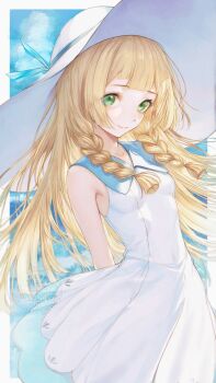 1girl absurdres armpits blonde_hair braid breasts closed_mouth collared_dress commentary day dress floating_hair green_eyes hat hat_ribbon highres lillie_(pokemon) long_hair nintendo outdoors pokemon pokemon_sm renoahh revision ribbon sky sleeveless sleeveless_dress small_breasts smile solo sun_hat twin_braids white_dress white_hat