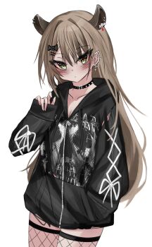 1girl absurdres akarinnndesu alternate_costume animal_ears black_bow black_choker black_hoodie blush bow breasts brown_hair choker cleavage closed_mouth commentary cowboy_shot deftones_(band) earrings english_commentary extra_ears fishnet_thighhighs fishnets green_eyes hair_bow hair_ornament hairclip hand_in_pocket highres hood hoodie indie_virtual_youtuber jewelry long_hair long_sleeves looking_at_viewer multiple_piercings nimi_nightmare parallel_hairclips print_hoodie simple_background sleeves_past_wrists solo spiked_choker spikes standing tapir_ears tapir_girl thighhighs white_background zipper_pull_tab