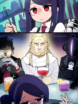 1girl 3boys absurdres alcohol bar_(place) bartender beard blonde_hair bondrewd bongftah brown_hair cigarette cocktail_shaker counter crossover cup drinking_glass facial_hair father_(fma) fullmetal_alchemist gendou_pose glasses hands_clasped highres holding holding_cigarette holding_cocktail_shaker ikari_gendou jill_stingray liquor long_hair made_in_abyss mask multiple_boys neon_genesis_evangelion own_hands_clasped own_hands_together purple_hair red_eyes sweatdrop trait_connection twintails va-11_hall-a wine wine_glass