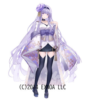 1girl black_hairband black_skirt black_thighhighs bow breasts character_request cleavage flower full_body hair_flower hair_ornament hairband hand_up highres japanese_clothes kimono long_hair medium_breasts obi off_shoulder official_art oshiro_project:re purple_bow purple_eyes purple_flower purple_hair purple_sandals sandals sash simple_background skirt solo standing thighhighs very_long_hair white_background white_kimono yuuki_kira zouri