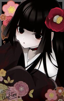 Rule 34 | 1girl, absurdres, black eyes, black hair, black kimono, blunt bangs, blush, breasts, choker, commentary request, eyeliner, fate/grand order, fate (series), flower, hair flower, hair ornament, highres, japanese clothes, kimono, komahime (fate), layered kimono, long hair, long sleeves, looking at viewer, makeup, obi, open mouth, sash, small breasts, very long hair, wagu neru, white kimono, wide sleeves