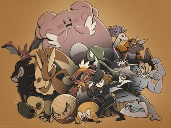 1girl :d absurdres alpha_pokemon alternate_color bibarel black_eyes black_hat black_jacket black_pants black_sash black_sclera black_shoes black_suit blissey blush bow brown_background brown_hair buck_teeth clenched_hands closed_mouth colored_sclera commentary crobat egg english_commentary extra_arms fire formal_clothes gardevoir gen_1_pokemon gen_2_pokemon gen_3_pokemon gen_4_pokemon grey_fire hand_on_headwear hat highres hippowdon hippowdon_(male) hisuian_avalugg hisuian_decidueye hisuian_electrode hisuian_poke_ball holding holding_poke_ball jacket long_sleeves lopunny luxray machamp medium_hair muscular nintendo nintooner nostrils one_eye_covered open_mouth original overqwil pants pectorals poke_ball pokemon pokemon_(creature) pokemon_legends:_arceus pokemon_team rapidash red_bow red_eyes red_sclera ryhyperior sash sharp_teeth shiny_pokemon shoes simple_background single_horns smile sparkle spikes suit suit_jacket teeth v-shaped_eyes yellow_eyes yellow_pupils