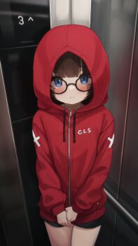 1girl absurdres black-framed_eyewear black_shorts blue_eyes blush brown_hair closed_mouth comodox cowboy_shot drawstring elevator glasses highres hood hood_up hooded_jacket huge_filesize indoors jacket large_variant_set long_sleeves looking_at_viewer original red_jacket sheryn_(comodox) short_shorts shorts solo standing variant_set