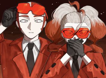 1boy 1girl absurdres adjusting_eyewear black_gloves black_necktie brown_background collared_jacket collared_shirt commentary_request covering_own_mouth eyelashes gloves griselle_(pokemon) grisham_(pokemon) highres jacket looking_at_viewer multicolored_hair necktie nintendo orange-tinted_eyewear orange_jacket pokemon pokemon_legends:_z-a red_eyes shirt sunglasses surprised tinted_eyewear twintails two-tone_hair umebosi_nigame upper_body white_shirt