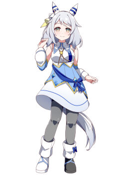 Rule 34 | 1girl, animal ears, asymmetrical footwear, bare shoulders, black boots, blue ribbon, blush, boots, breasts, brown eyes, closed mouth, commentary request, detached sleeves, dress, ear covers, full body, grey hair, grey pantyhose, hiro (pqtks113), hishi miracle (miracle make-up!) (umamusume), hishi miracle (umamusume), horse ears, horse girl, horse tail, looking at viewer, medium breasts, medium hair, mismatched footwear, pantyhose, ribbon, simple background, sleeveless, sleeveless dress, smile, solo, tail, umamusume, white background, white boots, white dress