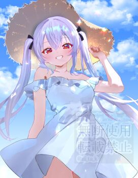 1girl blue_dress blush breasts brown_hat cloud cloudy_sky commentary_request cowboy_shot crossed_bangs dress grey_hair hair_between_eyes hand_up hat highres iriam long_hair looking_at_viewer medium_breasts nitak_(iriam) nta_(n_tan2) off-shoulder_dress off_shoulder red_eyes short_sleeves sky smile solo straw_hat twintails virtual_youtuber watermark