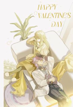 Rule 34 | 1boy, 1girl, belt, black belt, black gloves, black pants, black pantyhose, bloom festival (project sekai), blue streaks, breasts, cardigan, closed eyes, coat, commentary, couch, crossed legs, dress, elbow rest, english text, feet out of frame, full body, gloves, goggles, goggles around neck, green dress, green hair, grey shirt, hair between eyes, happy valentine, head on hand, head rest, hetero, high collar, highres, kamishiro rui, kusanagi nene, lap pillow, lapels, long hair, long sleeves, low-tied sidelocks, lying, multicolored hair, notched lapels, official alternate costume, official alternate hairstyle, on back, on couch, open clothes, open coat, pants, pantyhose, plant, potted plant, project sekai, purple hair, rug, shirt, short hair, sidelocks, single glove, sitting, sleeping, slippers, small breasts, streaked hair, tutu soi, white cardigan, white coat