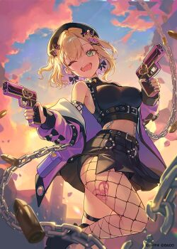 1girl beret black_hat blonde_hair breasts chain cloud cloudy_sky fangs fishnet_pantyhose fishnets green_eyes gun hat highres holding holding_gun holding_weapon jacket kurumi_noah large_breasts long_sleeves looking_at_viewer midriff off_shoulder official_art open_clothes open_jacket open_mouth outdoors pantyhose purple_hair purple_jacket short_hair single_leg_pantyhose sky smile teeth thigh_strap ttosom virtual_youtuber vspo! weapon
