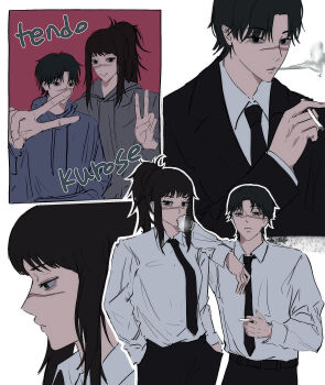Rule 34 | 1boy, 1girl, black hair, black jacket, black necktie, black pants, blue hoodie, buttericecreamm, chainsaw man, character name, cigarette, collared shirt, formal clothes, grey hoodie, hands in pockets, high ponytail, highres, holding, holding cigarette, hood, hoodie, jacket, kurose yuutarou, looking at viewer, medium hair, necktie, pants, ponytail, scar, scar on face, scar on nose, shirt, shirt tucked in, short hair, sidelocks, simple background, smoke, smoking, suit, suit jacket, tendou michiko, v, white background, white shirt
