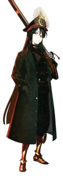 1girl armored_boots baggy_pants belt black_belt black_coat black_hair black_hat black_jacket black_pants boots buttons closed_mouth coat fate/grand_order fate_(series) flower full_body gloves grey_gloves gun hair_between_eyes hand_in_pocket hand_up hat hat_flower hat_ornament highres holding holding_gun holding_weapon jacket kikkoumon long_hair long_sleeves military military_hat non-web_source oda_nobunaga_(fate) oda_nobunaga_(kaiser)_(fate) official_art open_clothes open_coat pako_(pakosun) pants red_eyes rifle solo standing transparent_background v-shaped_eyebrows weapon