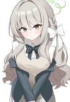 1girl :t absurdres black_bow black_bowtie black_jacket blazer blue_archive bluetea1024 blush bow bowtie braid breasts closed_mouth collared_shirt commentary_request dress_shirt green_halo grey_hair grey_skirt hair_between_eyes hair_bow hair_intakes hair_ribbon halo heart highres jacket long_hair long_sleeves looking_at_viewer medium_breasts miyo_(blue_archive) pout ribbon ribbon_braid school_uniform shirt simple_background skirt solo speech_bubble very_long_hair wavy_hair white_background white_bow white_ribbon white_shirt yellow_eyes