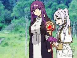 2girls animated book breast_expansion breast_rest breasts breasts_on_head dress elf fern_(sousou_no_frieren) frieren huge_breasts long_hair lowres magician momo_no_suidou-sui multiple_girls nipples pointy_ears purple_eyes purple_hair robe sousou_no_frieren spell staff tagme torn_clothes twintails video white_hair