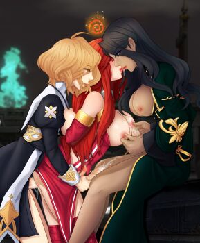 3futa absurdres breast_sucking dirjiland_(mabinogi) futa_with_futa futanari garter_belt glasses handjob hayul highres mabinogi multiple_futa nipple_stimulation player_character_(mabinogi) red_hair sex sex_from_behind