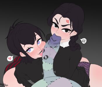 2girls :&gt; absurdres the_addams_family alternate_breast_size angry ass between_breasts black_dress black_eyes black_hair black_nails blush braid breasts clothes_lift cooperative_fellatio crossover dress dress_lift embarrassed erection fellatio frankenstein&#039;s_monster galactic-overlord goth_fashion heart highres hotel_transylvania huge_ass large_breasts licking_lips lips lipstick lipstick_mark long_hair looking_at_another looking_at_viewer lying makeup mavis_dracula multiple_girls oral panties penis simple_background smile striped_clothes striped_panties teamwork_(sexual) tongue tongue_out trait_connection twin_braids underwear wednesday_(netflix) wednesday_addams