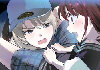 2girls baseball_cap between_legs blue_eyes blue_hat blue_skirt brown_hair commentary derivative_work drunk girls_band_cry grey_hair hat highres iseri_nina kawaragi_momoka long_hair multiple_girls o89880 open_mouth screenshot_redraw short_hair skirt