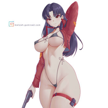1girl absurdres arm_behind_head bikini black_bikini black_choker blue_hair blush breasts choker closed_mouth covered_erect_nipples curvy female_focus gumroad_username gun handgun highleg highleg_bikini highres holding holding_gun holding_weapon jacket katsuragi_misato large_breasts light_smile long_hair long_sleeves looking_at_viewer melowh micro_bikini navel neon_genesis_evangelion red_jacket shiny_skin side-tie_bikini_bottom simple_background smile solo swimsuit thick_thighs thigh_strap thighs thong thong_bikini underboob watermark weapon web_address white_background wide_hips