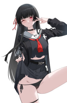 1girl absurdres arm_cutout black_choker black_hair black_jacket black_panties black_shirt black_skirt blunt_bangs breasts cameltoe chisa_(wuthering_waves) choker closed_mouth clothes_lift clothing_cutout collarbone commentary crop_top dongye1551 feet_out_of_frame fingernails hair_ribbon hand_up highres jacket long_hair long_sleeves looking_at_viewer medium_breasts mole mole_under_eye neckerchief one_eye_closed panties red_neckerchief red_ribbon ribbon sailor_collar shirt side-tie_panties skirt skirt_lift solo thigh_strap thighs underwear v very_long_hair white_sailor_collar wuthering_waves