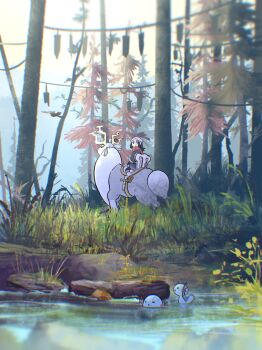 1girl absurdres akari_(pokemon) black_hair blue_kimono brown_sandals character_request day forest galaxy_expedition_team_survey_corps_uniform grass headscarf highres japanese_clothes kimono looking_up nature nintendo ogidoge outdoors pokemon pokemon_(creature) pokemon_legends:_arceus red_scarf riding riding_pokemon sandals scarf scenery socks tree water white_headscarf white_socks wyrdeer