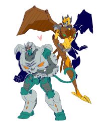Rule 34 | 1boy, 1girl, absurdres, airazor, armor, beast wars, glowing, glowing eyes, green eyes, helmet, highres, humanoid robot, mechanical wings, orange eyes, robot, robot girl, savvy bot, shoulder armor, simple background, the transformers (idw), tigatron, transformers, white background, wings