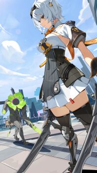 Rule 34 | 1girl, 1other, anby demara, anby demara (silver soldier), armored boots, black hairband, black thighhighs, boots, breasts, burger hair ornament, closed eyes, commentary, cowlick, dual wielding, ethereal (zenless zone zero), fingerless gloves, food-themed hair ornament, gloves, grey hair, hair ornament, hairband, highres, holding, holding weapon, looking to the side, medium breasts, monster, official alternate costume, official alternate hairstyle, official art, orange eyes, short hair, short sleeves, skindentation, skirt, thighhighs, weapon, white skirt, zenless zone zero