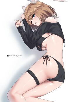 1girl alternate_costume artist_name bare_shoulders bikini black_bikini black_shrug blue_eyes breasts brown_hair commentary_request completion_time eunie_(xenoblade) feet_out_of_frame grin head_wings highres large_breasts long_sleeves riro_(breakthrough_rr) shadow short_hair shrug_(clothing) side-tie_bikini_bottom simple_background smile solo swimsuit thigh_strap twitter_username twitter_x_logo underboob white_background wings xenoblade_chronicles_(series) xenoblade_chronicles_3