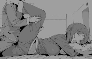 1boy 1girl barefoot closed_eyes commentary_request girls_und_panzer greyscale henyaan_(oreizm) hetero highres indoors leg_up long_sleeves lying midriff molestation monochrome navel nishizumi_miho on_stomach open_mouth pajamas pillow short_hair sleep_molestation sleeping