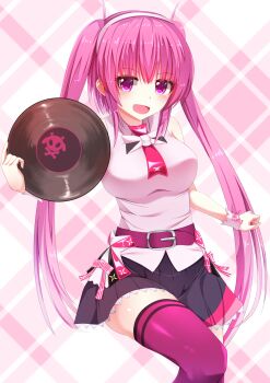 1girl beatmania_iidx beatmania_iidx_22_pendual belt bemani black_skirt blush breasts commentary_request hairband headphones highres holding_record large_breasts long_hair looking_at_viewer mizushiro_celica nanahane_fl official_alternate_costume open_mouth pink_eyes pink_hair plaid_background pleated_skirt purple_belt purple_thighhighs shirt skirt sleeveless sleeveless_shirt smile solo thighhighs twintails variant_set very_long_hair vinyl_record white_hairband white_shirt zettai_ryouiki