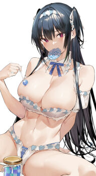 1girl bare_shoulders bikini black_hair blush breasts candy cleavage food hair_ornament hair_ribbon haite_kudasai_takamine-san hiiragi_yuuichi holding holding_candy holding_food holding_lollipop jar large_breasts lollipop long_hair looking_at_viewer mouth_hold navel purple_eyes ribbon simple_background solo stomach swimsuit takamine_takane thighs white_background white_ribbon