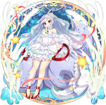 1girl :&lt; alternate_costume animal_collar animal_ears bare_legs bear_trap belt_collar blush breasts bridal_veil circle closed_mouth collar dog_ears dog_girl dog_tail dress flower foxtail frilled_dress frills game_cg gloves grey_hair hair_flower hair_ornament high_heels highres looking_at_viewer medium_breasts mitsugashira_enoko multicolored_hair multiple_tails name_connection official_art pigeon-toed purple_hair red_eyes red_shoes rose rotte_(1109) see-through_clothes see-through_veil shoes short_hair solo sparkle star_(symbol) tail third-party_source touhou touhou_lostword transparent_background two-tone_hair veil wedding_dress white_collar white_dress white_flower white_gloves white_rose