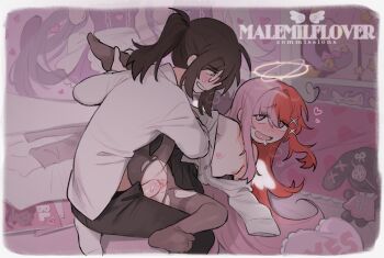 2boys :d black_hair black_pants black_skirt blush breasts clenched_teeth clothed_sex commission cuntboy cuntboy_with_male dakimakura_(object) degrees_of_lewdity full_body hair_ornament halo heart heart-shaped_pillow indoors long_hair male_focus multicolored_hair multiple_boys nipples nose_blush open_mouth original pants pantyhose pillow pink_eyes pink_hair player_character_(degrees_of_lewdity) player_character_(female)_(degrees_of_lewdity) ponytail puffy_male_chest pussy sex skirt small_breasts smile spread_legs sweatdrop sydney_(degrees_of_lewdity) sydney_(male)_(degrees_of_lewdity) teeth tnso torn_clothes torn_pantyhose two-tone_hair uncensored vaginal very_long_hair x_hair_ornament yes-no_pillow