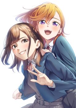 2girls absurdres braid brown_eyes brown_hair commentary_request date_sayuri floating_hair grin hand_on_another's_shoulder highres interlocked_fingers love_live! love_live!_superstar!! multiple_girls noshiro_tomoya orange_hair purple_eyes realistic school_uniform shibuya_kanon simple_background smile v white_background