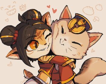 1boy 1girl body_fur brown_hair closed_eyes closed_mouth double_bun firecracker_teemo firecracker_tristana from_side gambler_carrd grin hair_bun hat heart hug jacket league_of_legends long_hair long_sleeves looking_at_another midriff mushroom one_eye_closed orange_eyes pants red_jacket rope_belt smile tail teemo teeth tristana tristana_(league_of_legends) whiskers yordle