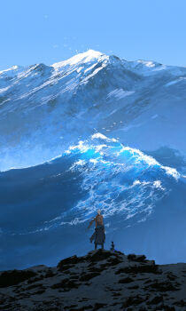 1boy 1girl bird blue_sky blue_theme chinese_commentary commentary_request day from_behind gujian_qitan_(series) gujian_qitan_3 highres ibuki_satsuki jinyun_(gujian_qitan) mountain outdoors scenery sky waves wide_shot yun_wuyue_(gujian_qitan)