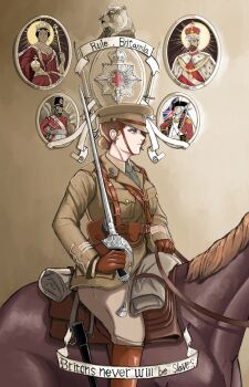 1girl army belt boots breasts brown_boots brown_gloves brown_hair brown_jacket brown_pants dress_shirt from_side gloves green_eyes hair_bun hat highres holding holding_sword holding_weapon holster horse jacket katyusha_(98269886) leather leather_belt leather_boots leather_gloves load_bearing_equipment long_sleeves medium_breasts military military_uniform pants peaked_cap queen_victoria riding saber_(weapon) serious shirt short_hair solo sword union_jack united_kingdom weapon white_shirt world_war_i