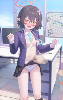 Rule 34 | 1girl, absurdres, armband, ayane (blue archive), black hair, blue archive, blue necktie, blush, bow, bow panties, clothes lift, commentary, commission, disembodied hand, glasses, halo, highres, jacket, nay, necktie, open mouth, panties, plaid clothes, plaid skirt, pointy ears, red-framed eyewear, red halo, school uniform, shirt, short hair, skirt, skirt lift, solo focus, underwear, white panties