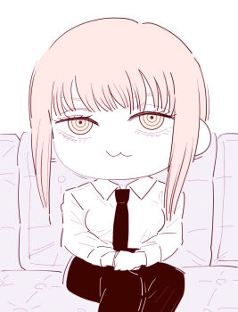 1girl :3 blonde_hair chainsaw_man chibi chibi_only closed_mouth collared_shirt couch deer60868637 limited_palette long_sleeves makima_(chainsaw_man) necktie on_couch pants ringed_eyes shirt sitting solo yellow_eyes