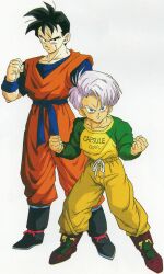 1990s_(style) 2boys absurdres aged_down black_eyes black_hair blue_eyes boots capsule_corp clenched_hands dougi dragon_ball dragonball_z drawstring frown full_body green_sleeves highres maeda_minoru male_focus multiple_boys muscular official_art orange_dougi pants purple_hair raglan_sleeves red_boots retro_artstyle scan scar scar_across_eye scar_on_face shirt short_hair side_part son_gohan son_gohan_(future) spiked_hair sweatpants teacher_and_student third-party_source trunks_(dragon_ball) trunks_(future)_(dragon_ball) white_background wristband yellow_pants yellow_shirt