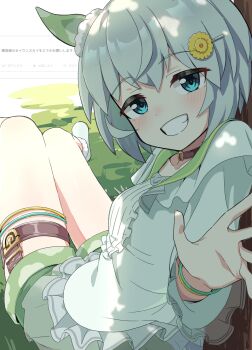 Rule 34 | 1girl, absurdres, animal ears, blue eyes, blush, bracelet, breasts, brown choker, choker, collarbone, ear covers, flower, green sailor collar, green shorts, grey hair, grin, hair between eyes, hair flower, hair ornament, hairclip, highres, horse ears, horse girl, horse tail, jewelry, kazoku chicken, layered shirt, long sleeves, looking at viewer, open mouth, sailor collar, seiun sky (reeling in the big one) (umamusume), seiun sky (umamusume), shirt, shoes, short hair, shorts, single ear cover, sitting, small breasts, smile, solo, sunflower, sunflower hair ornament, tail, teeth, thigh strap, umamusume, white shirt