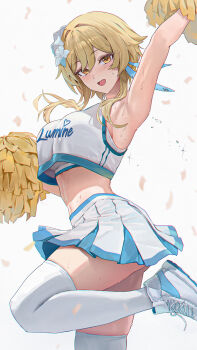 1girl absurdres alternate_costume amiki_yuzuru arm_up armpits blonde_hair breasts character_name cheerleader commentary earrings english_commentary feather_earrings feathers flower genshin_impact hair_flower hair_ornament highres holding holding_pom_poms inteyvat_flower_(genshin_impact) jewelry linea_alba looking_at_viewer looking_to_the_side lumine_(genshin_impact) medium_breasts midriff navel open_mouth pleated_skirt pom_pom_(cheerleading) pom_poms shirt shoes short_hair_with_long_locks sidelocks simple_background skindentation skirt solo standing standing_on_one_leg stomach white_background white_shirt white_shoes white_skirt yellow_eyes