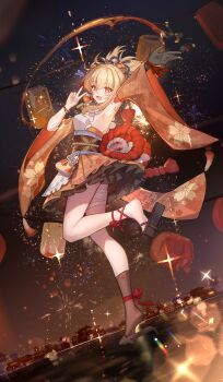1girl absurdres alternate_costume arm_tattoo arm_up armpits asymmetrical_hair bandaged_leg bandages black_gloves black_sandals black_socks blonde_hair dress fireworks full_body genshin_impact geta gloves hair_between_eyes hand_up highres kneehighs long_sleeves looking_at_viewer medium_hair night night_sky open_mouth orange_dress orange_eyes sandals single_glove single_kneehigh single_sock sky smile socks standing standing_on_one_leg tattoo textless_version v wide_sleeves yoimiya_(genshin_impact) yolanda