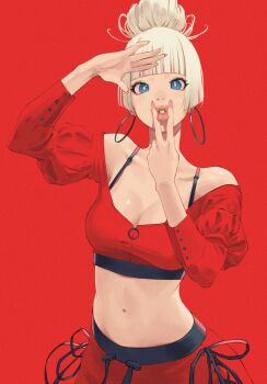1girl bani-lizo blue_eyes blunt_bangs blunt_sidelocks breasts cleavage collarbone commentary cropped_shirt earrings hair_bun highres hoop_earrings jewelry medium_breasts midriff navel o3o original parted_lips pink_lips puckered_lips red_background red_shirt shading_eyes shirt sidelocks simple_background single_hair_bun solo v v_over_mouth white_hair