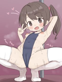 1girl armpits bad_tag blush breasts cameltoe covered_navel feet female_focus highres kok loli looking_at_viewer nipples one-piece_swimsuit original pole pole_dancing ponytail school_swimsuit side_ponytail small_breasts solo squatting swimsuit thighhighs thighs v white_thighhighs