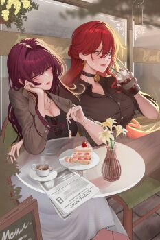 2girls absurdres black_shirt breasts cafe cake cake_slice choker cleavage coffee collarbone dating earrings flower food highres himeko_(honkai:_star_rail) honkai:_star_rail honkai_(series) iced_coffee jacket jewelry kafka_(honkai:_star_rail) kystery large_breasts lipstick long_hair long_skirt makeup multiple_girls necklace pants pink_lips purple_eyes purple_hair red_hair rose shirt skirt sunglasses vase yellow_eyes yuri
