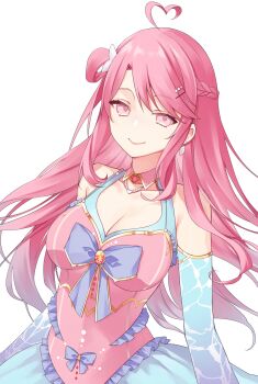 1girl absurdres ahoge arms_at_sides bare_shoulders blue_dress borrowed_character bow braid breasts brooch cleavage closed_mouth collar collar_chain_(jewelry) collarbone corset detached_collar detached_sleeves dress earrings gold_trim hair_ornament hair_rings hairpin half_up_braid halterneck happy heart heart_ahoge highres jewelry light_smile lipgloss long_hair looking_at_viewer medium_breasts no_nose original pink_collar pink_corset pink_eyes pink_hair purple_bow second-party_source side_part simple_background single_hair_ring solo tokiiro_kano transparent_background very_long_hair wing_collar